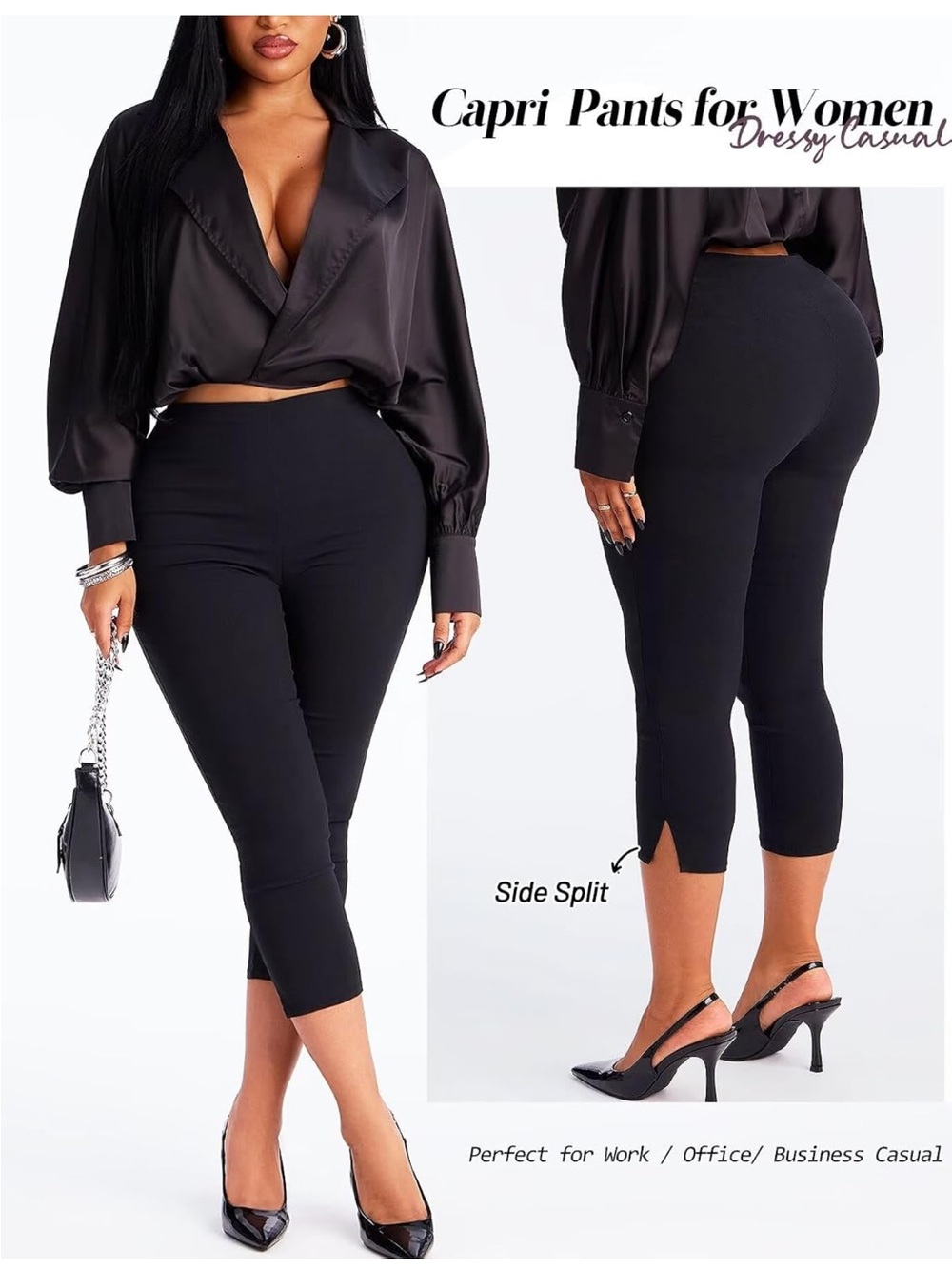 Amazon Black Side-Slit Stretch Capri Pants for Women